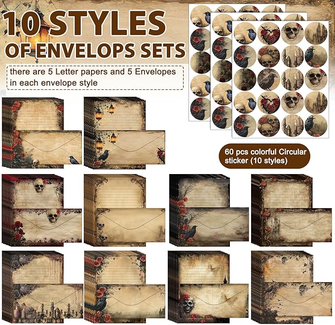 TaoBary 160 Pcs Stationery Paper Set 50 Double Sided Stationery Papers with 50 Matching Envelopes and 60 Round Dot Sticker, 10 Design(Gothic Style,8.5 x 11 Inch)