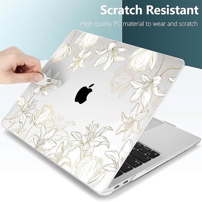 DONGKE Compatible with MacBook Air 13 inch Case 2021 2020 2019 2018 Release A2337 M1 A2179 A1932 with Retina Display Touch ID, Plastic Hard Shell & Keyboard Cover - Golden Florals