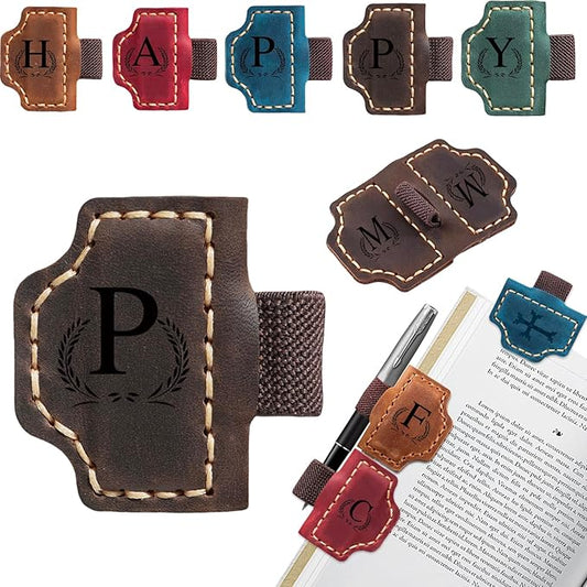 Custom Bygone Mark Bookmark with Pen Holder, 26 Letters Name Initial Personalized Magnetic Leather Bookmark, Gifts for Book Lovers, Readers, Travelers, Leather Book Marks (Dark Brown, P)
