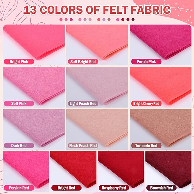 XSEINO 13 Rolls 8"x35" 1.4mm Thick Soft Felt Fabric Sheet 13 Assorted Red Series Colors Felt Pack for DIY Craft Sewing Squares Nonwoven Patchwork