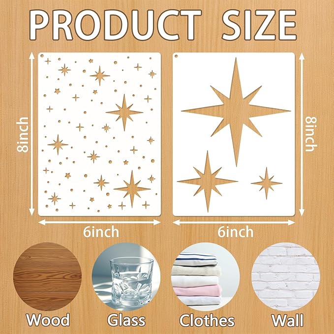 6 Pcs DIY Reusable Star Pattern Painting Stencils Set PET Plastic Painting Templates for Wall Wood Craft Canvas Fabric Home Decor
