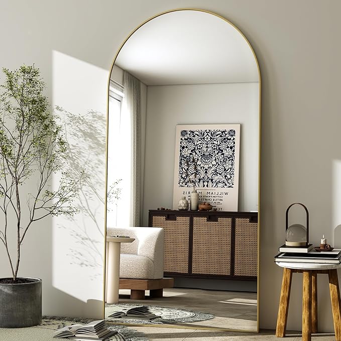 GLSLAND-30x71 inch Wall Mount Arched Full Length Mirror-Aluminum Alloy Frame High Definition-Full Body Mirror for Bedroom or Living Room,Gold