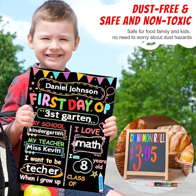 SFAIH 8 Vibrant Liquid Chalk Markers Erasable - Chalk Pens for Blackboard, Calendar, Windows, Glass, Bistro, Stores, Signs, Zero Dust, Non-Toxic, 4.5mm Reversible Tip, With Highlighter Color Markers