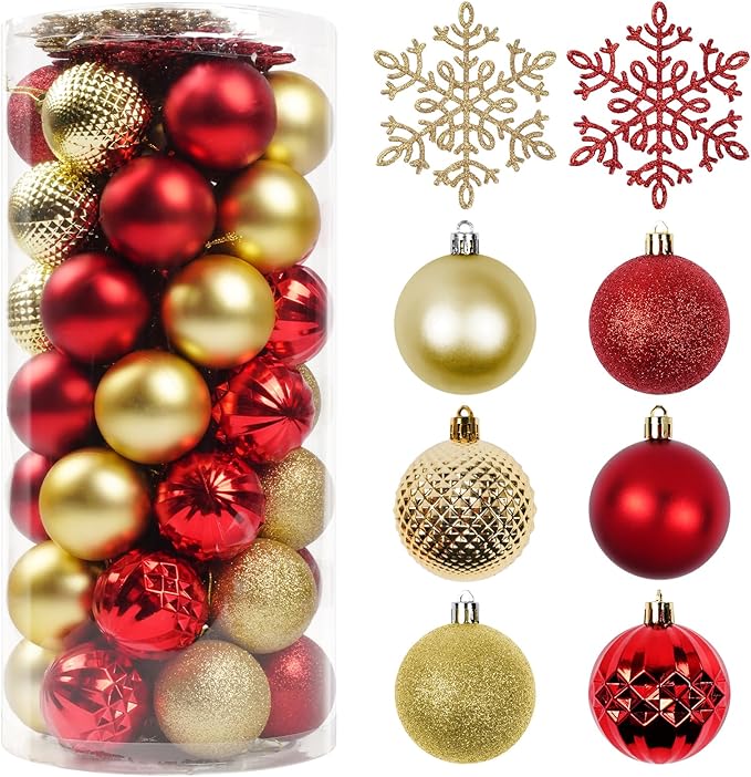Christmas Tree Decorations Ornament Set, 60ct 2.36 Inches Red and Gold Shatterproof Christmas Ball Ornaments, Hanging Ball for Xmas Holiday Wedding Party Decor