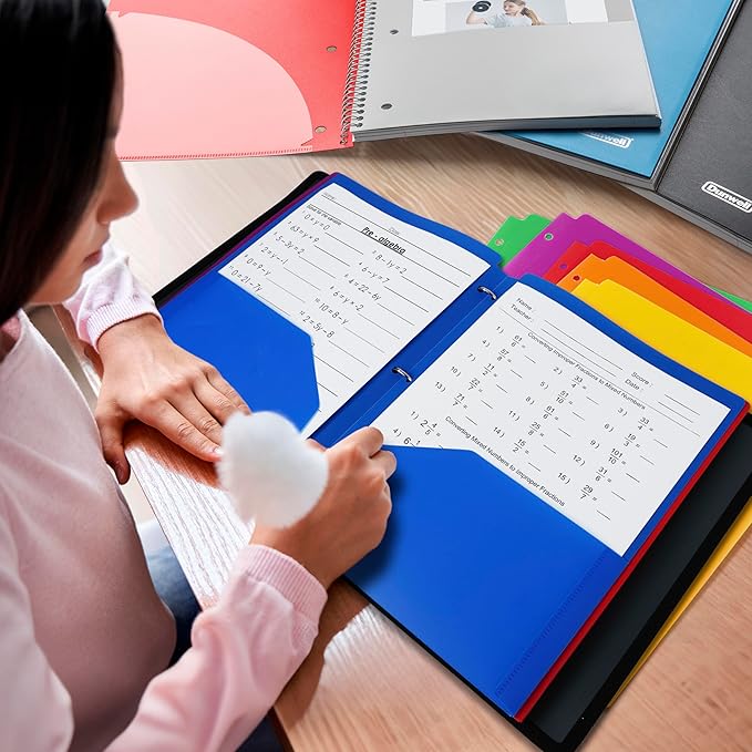 Dunwell Plastic 2-Pocket Folders for 3-Ring Binders, (6 Pack, Assorted Colors) 3 Hole Punched, Divider Folder for Notebook, Durable Poly, Fits 8.5x11 Sheets, Includes Labels