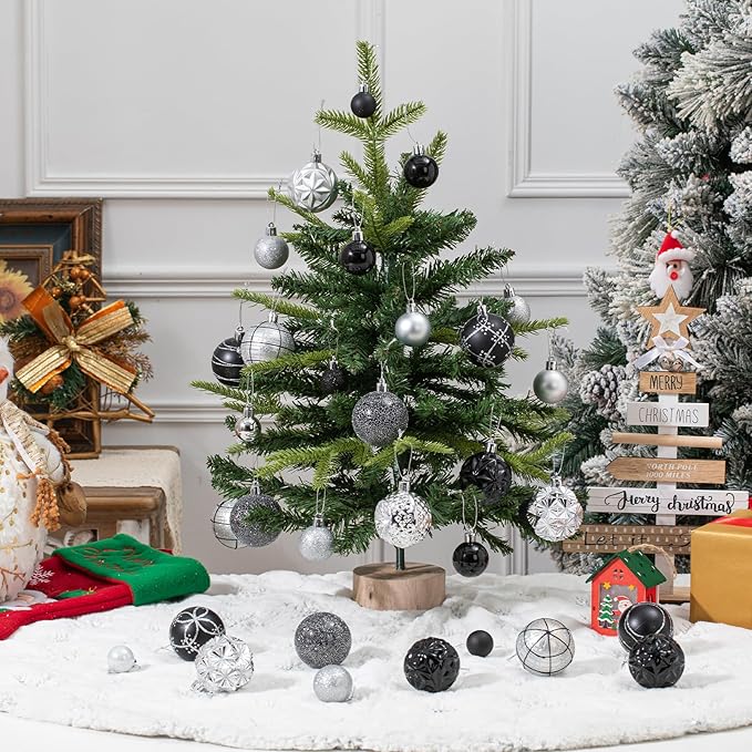 100ct Black and Silver Christmas Ornaments Set, Shatterproof Christmas Decorations for Tree Plastic Xmas Ball Ornaments with Assortment of Designs and Size for Holiday Party Decor (Black & Silver)