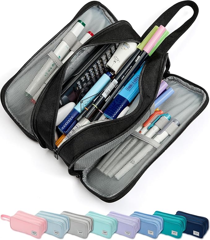 Pencil Case Pouch Box Bag School Supplies Girls Boys Kids, Cute Preppy Stuff Big Capacity Aesthetic Pen Organizer, Back to College Stationary, Black, Extra Large Style, 2300ml