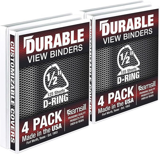 Samsill Durable 0.5 inch 3 Ring Binder, Made in USA, D Ring Binder, FSC 100% Recycled Chipboard, White, 4 Pack