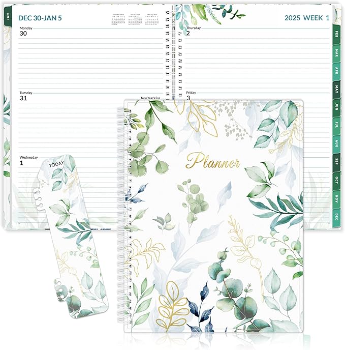 SUNEE 2026 Weekly and Monthly Planner - from January 2026 - December 2026, 8.5"x11" Daily Agenda Planner with Monthly Tab, Flexible Cover, Note Pages, Pockets, Bookmark, Spiral Binding, Eucalyptus