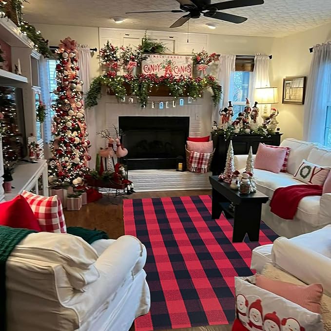 Red and Black Plaid Rug, 4' x 6' Check Outdoor Front Door Decorative Mat, Cotton Woven Rug for Layered Door Mats Washable Carpet for Porch, Entryway, Farmhouse, Christmas, Halloween