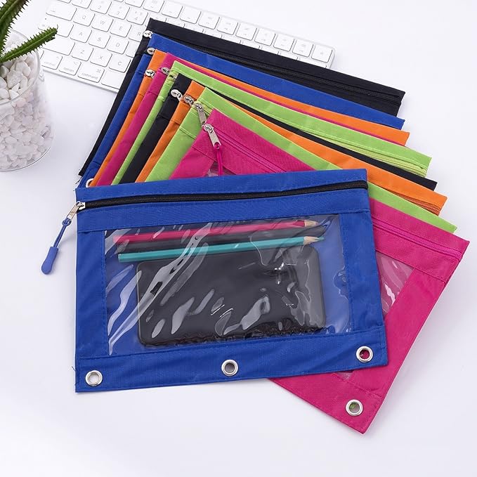 DoDoMagxanadu Binder Pencil Pouches, Pencil Pouch for 3 Ring Binder, Clear Window Zipper Pencil Case Bluk 10 Pack 5 Colors for Office School College Supplies