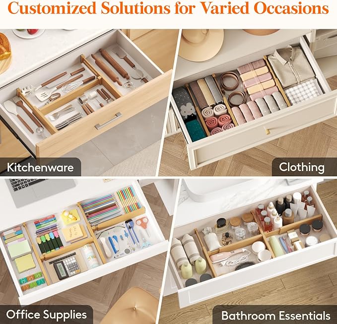 Lifewit 8 Pack Drawer Dividers Bamboo 2.4" High, 12-17" Adjustable Drawer Organizers for Clothes, Wooden Dresser Separators in Bedroom/Bathroom/Kitchen/Fridge/Office Organization and Storage
