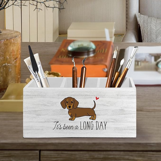 Funny Dachshund Pen Pencil Holder Organizer for Desk Accessories, Weiner Dog Gifts Wooden Box Sign Desk Decor for Home Office Decoration, Gifts for Dachshund Lovers Women Men