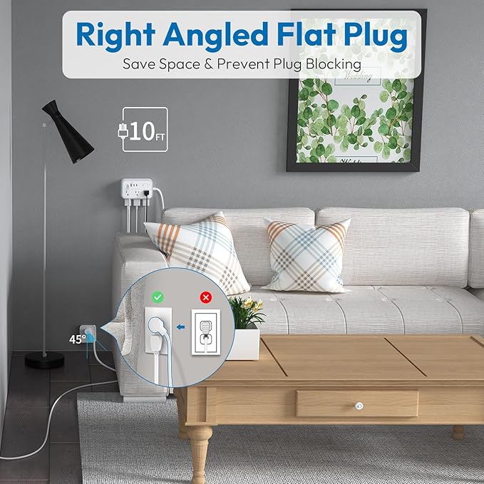 Surge Protector Power Strip 10 ft, Flat Plug Extension Cord with 6 Outlets 4 USB Ports, Outlet Extender Long Cord, Overload Protection, Extension Cord with Multiple Outlets for Indoor, Home, Office