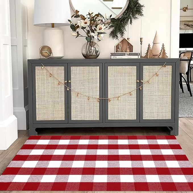 Buffalo Plaid Outdoor Rug, 3'x5' Red&White Christmas Check Indoor/Outdoor Area Rug, Layering Rug for Hello/Welcome Door Mat, Machine Washable Cotton Woven Rug for Farmhouse Front Porch, Entryway