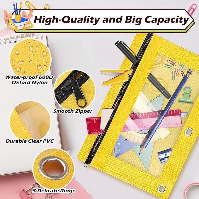 Pencil Pouch for 3 Ring Binder, 100 Piece Bulk 3 Holes Zipper Pencil Pouches in 10 Assorted Colors, Clear Durable Pencil Case for School, Classroom, Office Supplies