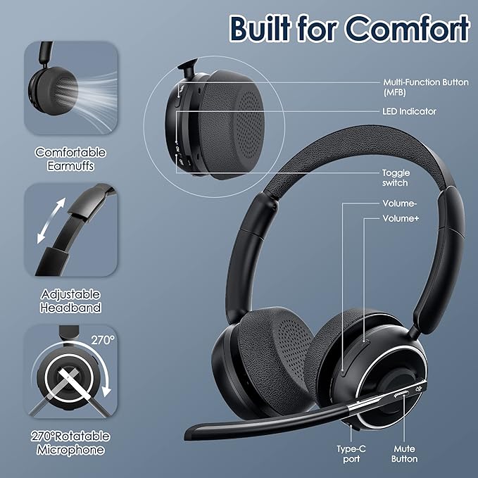 Wireless Headset with Mic for Work, Bluetooth Headset with AI Noise Canceling Microphone with USB Dongle, Charging Base & Mic Mute, Wireless Headphones for Work from Home/PC/Laptop/Computer