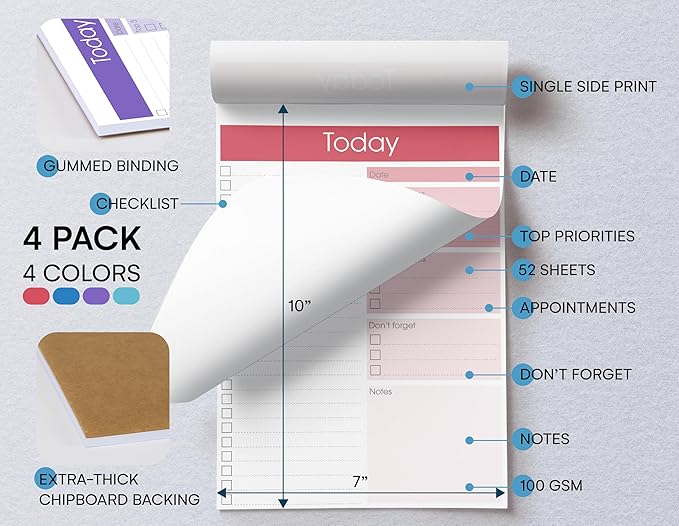 Better Office Products To Do List Notepad, 7" x 10" Today Note Pad, 52 Sheets, Daily Agenda Productivity Checklist Organizer (4 Pack)