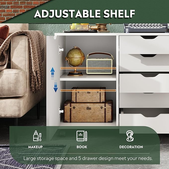 DEVAISE 5-Drawer Wood Dresser Chest with Door, Mobile Storage Cabinet, Printer Stand for Home Office