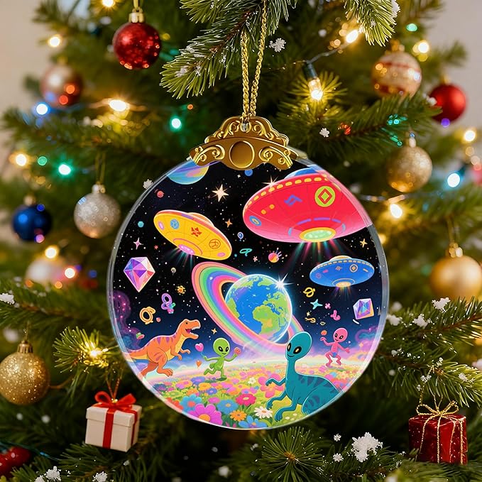 UFO Alien Glass Ornaments, UFO, Dinosaur & Alien Christmas Ornament for Christmas Tree Decor, Holiday Presents, Exchange Ideal Gift for Space & Fantasy Lovers
