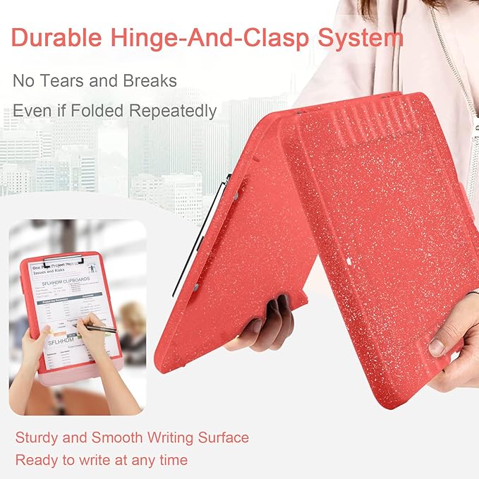 Glitter Clipboard with Storage,Storage Clipboard with Pen Holder,A4 Binder Clip Boards 8.5x11 with Low Profile Clip,Side Opening Sparkle Clipboards,Clipboards Folder for Office Supplies-Grapefruit Red