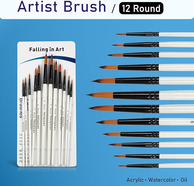 Falling in Art Paint Brushes Set, 12 PCS Nylon Professional Round Paint Brushes for Watercolor, Oil Painting, Acrylic, Face Body Nail Art, Crafts, Rock Painting