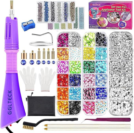 GLTECK Hotfix Applicator, Bedazzler Kit with 5784 PCS Rhinestones for Crafts, DIY Hot Fix Rhinestone Applicator Wand Setter Tool with 7 Tips, 6 Pattern Templates, Gloves, Tweezers & Cleaning Brush