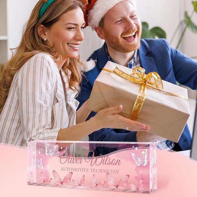 Custom Name Plate for Desk, Personalized Acrylic Office Name Sign with Name & Title, Elegant Desk Decor for Women Men, Employee Appreciation Gift (Pink Butterfly)