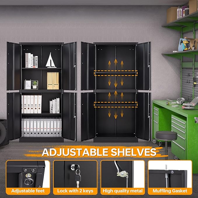 STANI Metal Storage Cabinet, Locking Steel Cabinet with 4 Doors and 2 Adjustable Shelves, 71" Tall Steel Cabinet for Home Office, Garage, School (Black)