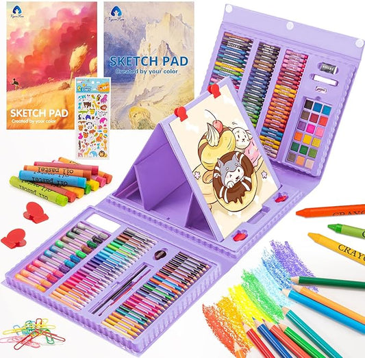 VigorFun Art Supplies, 240-Piece Drawing Art Kit, Gifts for Girls Boys Teens, Art Set Crafts Case with Double Sided Trifold Easel, Includes Sketch Pads, Oil Pastels, Crayons, Colored Pencils (Purple)
