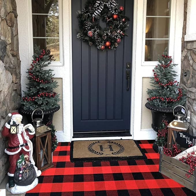 Red and Black Plaid Rug, 3'x5' Check Outdoor Front Door Decorative Mat, Cotton Woven Rug for Layered Door Mats Washable Carpet for Porch, Entryway, Farmhouse, Christmas, Halloween