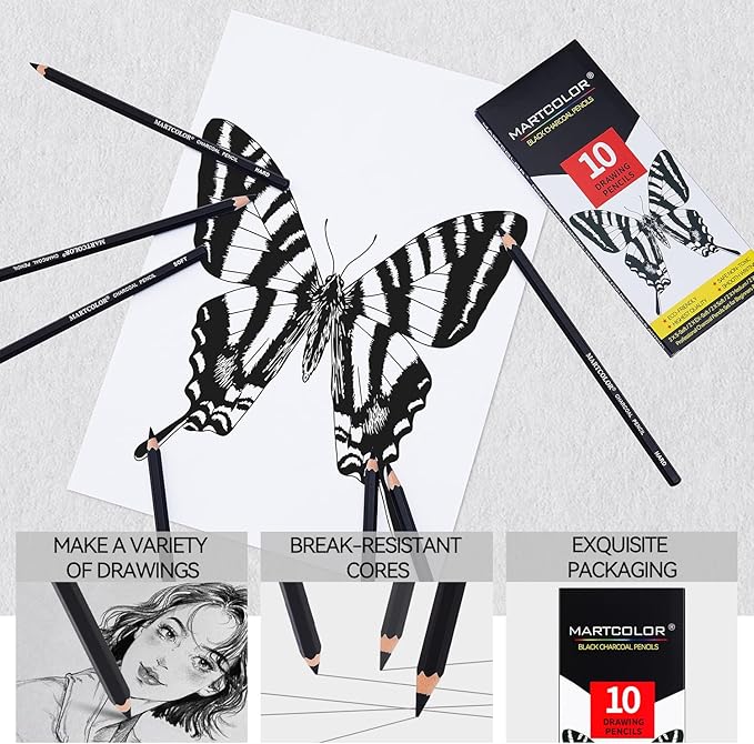 Charcoal Pencils for Drawing, 10 Pieces (S-Soft, Ex-Soft, Soft, Medium, & Hard) Black Charcoal Pencils for Sketching, Shading, Blending