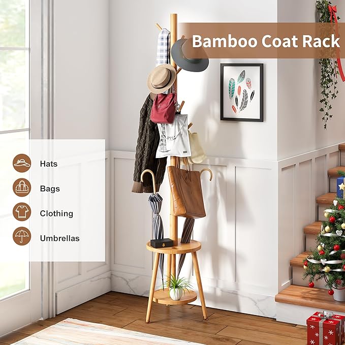 FILWH Freestanding Coat Rack with Umbrella Organizer Tray Bamboo Coat Tree Rack with 8 Hook Stand for Clothes Bag Hats Entryway Hanger Stand(Nature)