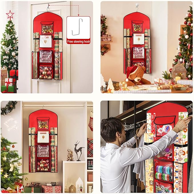 Hanging Gift Wrapping Paper Storage, 40"X17" Red Double-Sided Christmas Wrapper Bag Container, Oxford Craft Roll Organizer, Present Wrap Holder for Bedroom Closet, Door, Cabinet