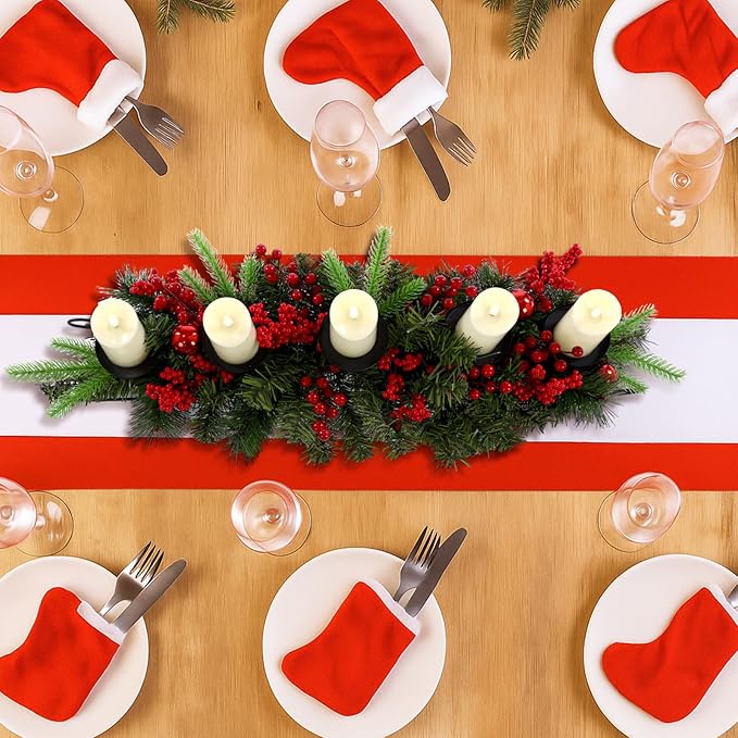 Yungyan Christmas Tabletop Centerpiece 30 Inch, Includes 5 Battery Operated LED Candle Holders, Norfolk Branch, Red Berries, Red Balls and Base, Christmas Artificial Dinner Table Decorations