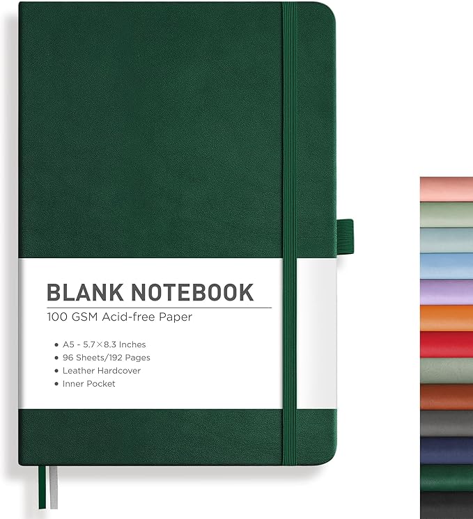 RETTACY Blank Journal Notebook, 192 Pages, A5 Medium Size (5.7'' x 8.3''), Leather Hardcover, 100 GSM Thick Paper, for Sketching, Drawing, Painting (Dark Green)