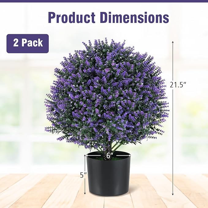 Goplus 21.5’’ Artificial Lavender Topiary Ball Tree, Set of 2 Faux Potted Plants Artificial Shrubs Bushes with Flowers, Fake Evergreen Artificial Topiary for Indoor Outdoor Home Front Porch Decor