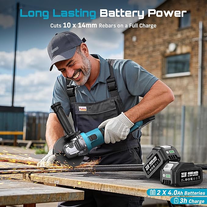 SEESII Cordless Angle Grinder 4-1/2 Inch, 21V Brushless Battery Grinder Tool with 2X 4.0Ah Batteries, 10000RPM for Metal Cutting, Grinding, Polishing, Rust Removal (Blue)