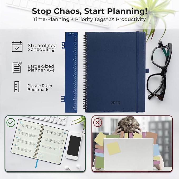 Planner 2026 Daily Weekly and Monthly,11.5"x8.5",12 Months Spiral Bound Calendar Agenda with Self-adhesive Pen Holder,2026 Appointment Book with Vegan Leather Soft Cover,Blue