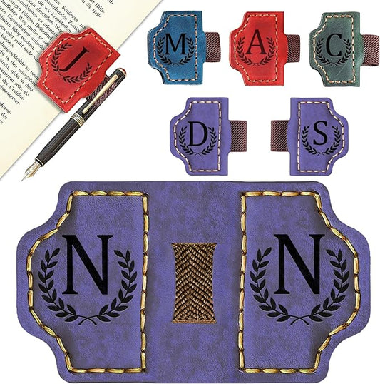 Bygone Mark Bookmark with Pen Holder, 26 Letters Name Initial Personalized Magnetic Bookmarks, Leather Book Mark for Men Women, Travelers Accessories, Teachers Readers Book Lovers Gifts (Purple, N)
