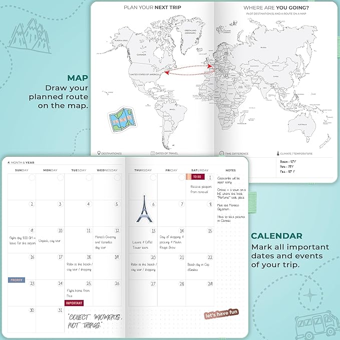 Clever Fox Travel Journal – Vacation & Trip Organizer with Budget Plan, Packing List, Travelling Expense Tracker, A5 (Mint Cream)