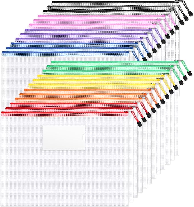 Sooez 24 Pack Super Large Mesh Zipper Pouch Bags, A3 (16.5×11.7 in) Storage Bags with Label Pocket, Reusable Zipper Pouches for Classroom Organization