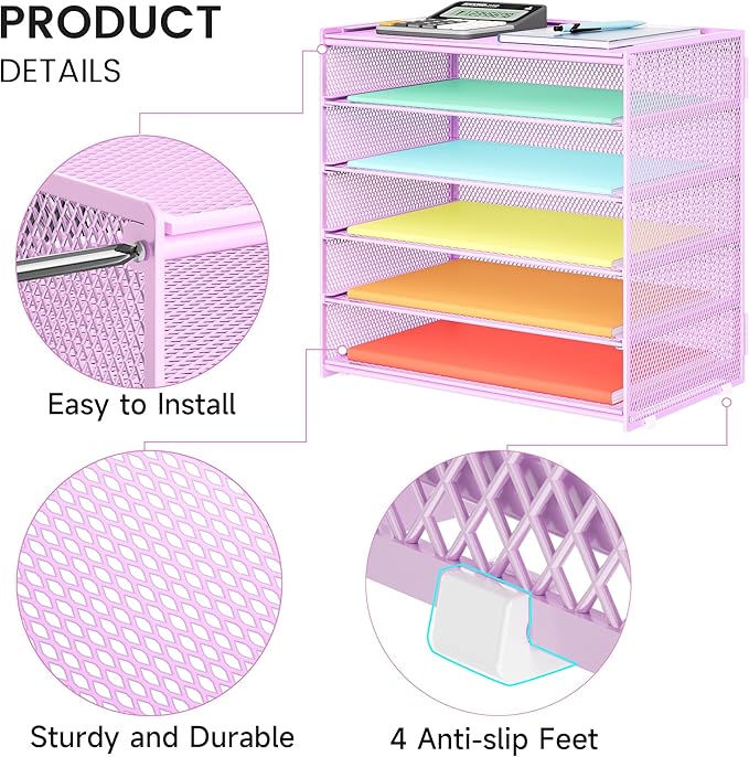 2 Pack 6 Tier Paper Organizer, Metal Mesh Desk File Folder, Letter Tray Organizer, Paper Sorter Desk Organizers for Office, Home or School File Folder Holder - Purple