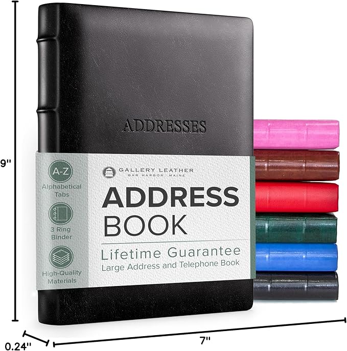 Gallery Leather Large Address Book with Alphabetical Tabs up to 480 Records, Leather Notebook Hardcover, Telephone and Address Books - 9x7, Desk Address, Acadia Black
