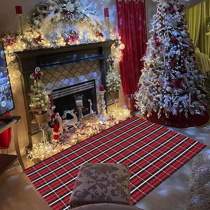 Buffalo Plaid Outdoor Rug, 4' x 6' Christmas Red & Black Check Indoor/Outdoor Area Rug, Layering Rug for Hello/Welcome Door Mat, Machine Washable Cotton Woven Farmhouse Mat for Front Porch Decor