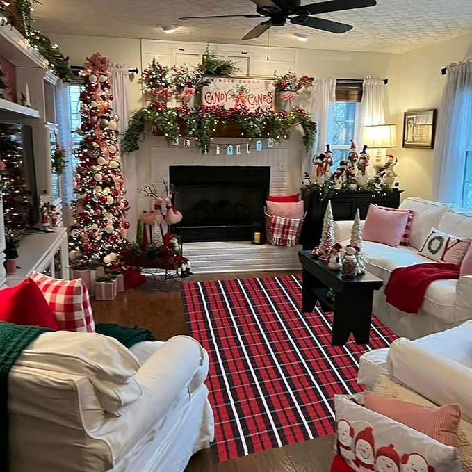 Buffalo Plaid Outdoor Rug, 4' x 6' Christmas Red & Black Check Indoor/Outdoor Area Rug, Layering Rug for Hello/Welcome Door Mat, Machine Washable Cotton Woven Farmhouse Mat for Front Porch Decor