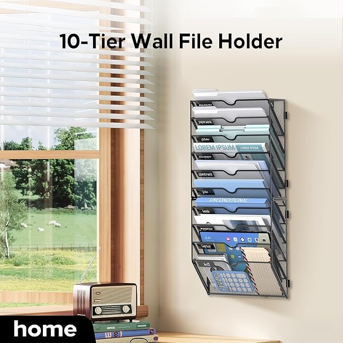 10 Tier Wall Hanging File Organizer, Paper Folder Holder Wall Mounted, Metal Mail Sorter for Office Home School, Black 2 Pack