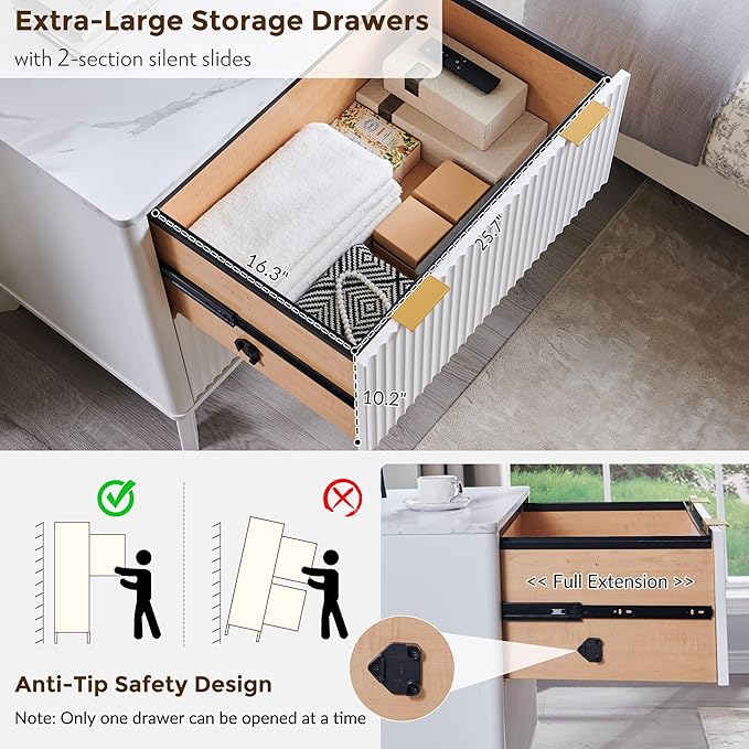 T4TREAM 2 Drawer File Cabinet, 30" Fluted Lateral File Cabinet w/Files Hanging Rod for Letter/Legal/A4, Large Tabletop for Printer, Office Wood Printer Cabinets, White