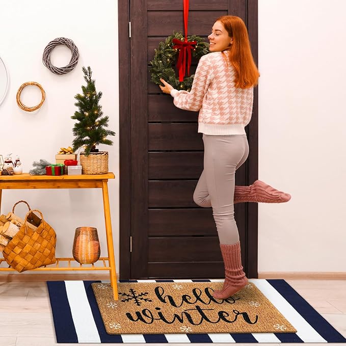 2 Pcs Hello Winter Door Mat Outdoor Snowflake Nature Coir Welcome Outdoor Rug Dark Blue White Stripe Winter Front Door Rugs Non Slip Floor Mats for Indoor Entrance Porch Decor