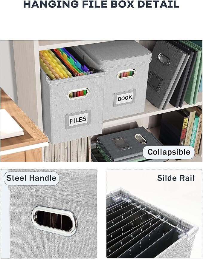 Oterri File Organizer with Lid, Hanging Filing Box with Mesh Pocket, Document Organizer for Letter Files, Portable Storage Box with Smooth Sliding Rail for Office & Home (1 PCS, Light Grey)